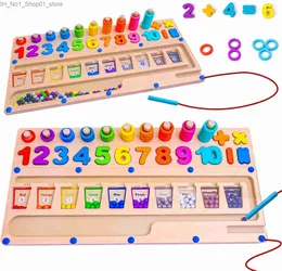 Classificando brinquedos de empilhamento de aninhamento 3 em 1 Montessori Brinquedos de madeira Número de cor magnética Bead Maze Educacional Pré-escolar Atividades de aprendizagem Blocos Puzzles Q231218