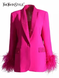 レディーススーツブレザースーツトウトウィンスタイルの気質女性のためのゆるいショールカラー長袖スプライスフェザーシックなブレザーの女性ファッション服231218