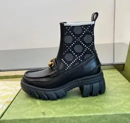 G FASHIO GUXCI GUSSIE 100% Stivali corti in mezzo di alta qualità Lettere Women Scarpe Filla in metallo Cuci spessi Scarico in pelle Designer Scheme di boot con tacco alto tacco Stivali elastici