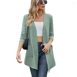 Women's Trench Coats Autumn And Winter Solid Collarless Loose Temperament Versatile Mid Length Cardigan Long Sleev Pocket Coat Sweater