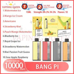 Originele BANG PI10000 Bladerdeeg 0% 2% 3% 5% Wegwerpvape-pen met oplaadbare batterij Luchtstroomregeling Mesh Coil 15 ml Voorgevulde pod 10K trekjes Grote Vapo