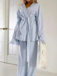 Women's Sleepwear Loungewear Set Solid Color Ruffled Long Sleeve Tops With Belt Pants 2 Pieces