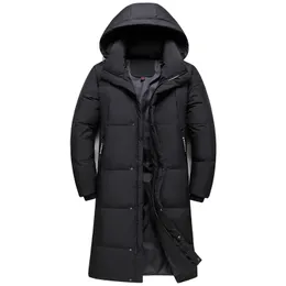 メンズダウンパーカー到着冬のジャケットの冬のオーバーコートファッション厚い90％白いアヒルダウン男性フード付きブラックロングパーカー231218