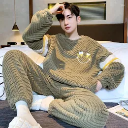 Men's Sleepwear Autumn Winter Flannel Warm Pajamas Plush Thickened Long Sleeve Round Neck Casual Coral Velvet Home Clothing Set