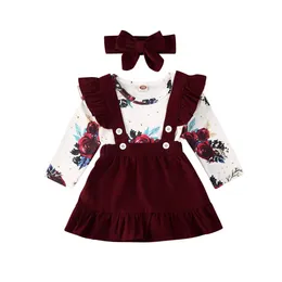 Conjuntos de roupas Citgeett Primavera 3 PCS Infantil Bebê Menina Floral Outfit Roupas Imprimir Romper Strap Saias Vestido Headband Outono Set 231218