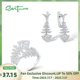 Halsketten Santuzza Sterling Silber Schmuckset für Damen, weiße Zirkonia, Ohrringe, Ring-Set, Fischgräte, Tierskelett, feiner Schmuck