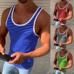 Men's Tank Tops Mens Vest Summer Casual Sleeveless Tee Shirts O-neck Striped Print Fitness Pullover Tunic Top Bodybuilding Streetwear