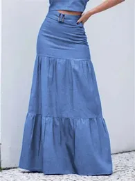 Robes Vonda élégant été jupe en jean 2022 mode jupes longues femmes taille élastique plissée à volants élégant ceinturé fête Maxi jupes