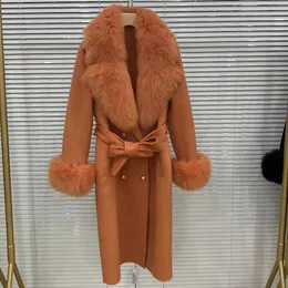 Luxury coat 2023 Double Chest Belt Coat Cuff New Women's Wool and Cashmere Blended Coat True Fox Fur Collar Fashion Winter Jacket 231218