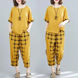 Women's Two Piece Pants Summer Casual 2 Suits Loose Large Size Fashion Two-piece Set Cotton Matching Sets Short Sleeve Tops Pant Q452