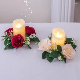 Decorative Flowers Artificial Rose Flower Candle Holder Candlestick Wreath Centerpiece Wedding Party Garland Christmas Year Table Home Decor