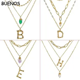 Pendant Necklaces BUENOS Multilayer Letter Initial Necklace Women A-Z Fashion Pearl Zircon Natural Stone Gold Chain Jewelry2030