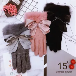 Cinco dedos luvas cashmere todos os jogos bowknot coelho cabelo lã moda bonito tela de toque quente grosso a267 231216