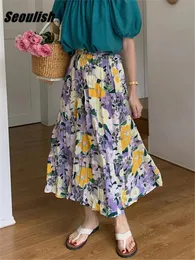 Klänningar Seoulish Summer Vintage Ink Floral Print Pleated Women's Midi kjolar 2022 Ny hög midja Fashion Straight Aline kjolar Kvinna
