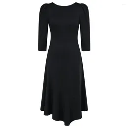 Casual Dresses Women Leg-Of-Mutton Sleeve Midi Dress Ladies Irregular Hem Party U-Back Flared A-Line Solid