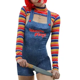 Calças de duas peças femininas mulheres interpretam personagens de filmes Bodysuit Bodysuit Chucky Doll Trake Set Fantases de Halloween para Mulheres Doll Dolante Scary Nightmare Killer 231218