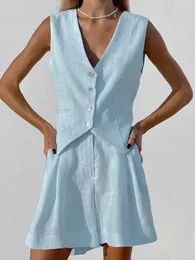 Tute da donna Estate Bianco Elegante Cotone Lino Abiti da vacanza Canotte Top e pantaloni Abito in 2 pezzi 2023 Pantaloncini da ufficio da donna