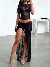 Women's Swimwear 2Pcs Beachwear Cover-Ups Swimsuit Lace Jacquard Cropped Tops High Slit Long Skirt Bathing Suit Yiiciovy Women Summer Set