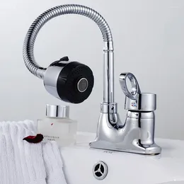 Banyo lavabo musluk mutfak musluk bakır 360 derece dönebilir spout aşağı sprey musluk çift delik tek sap soğuk ve su karıştırıcı