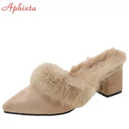 Aphixta Warm Rabbit Hair Slippers Women Shoes Winter Pointed Toe Real Fur Square Heel Lady Mujer Indoor Slides 231219