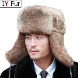 Cappelli da cacciatore Cappello bomber spesso caldo da uomo Vera pelliccia di coniglio Paraorecchie Berretto russo da uomo Plus Size Inverno per sci 231219