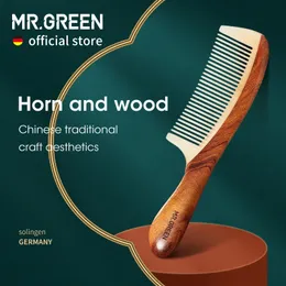 헤어 브러시 Mr.Green Comb Natural Wood with Horn 스 플라이 싱 구조 미세한 치아 빗 빗질 안티 정적 머리 침술 지점 마사지 선물 231218