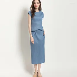 Work Dresses SELLING Miyake Fold Fashion Word Short Sleeve O-neck T-shirts Solid Long Skirt Two-piece Suit IN STOCK