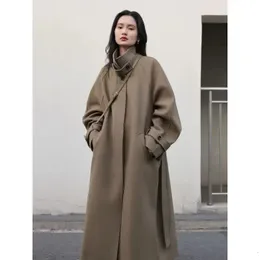Women's Wool Blends Light brown simple standup collar dark placket laceup woolen coat autumn winter style raglan sleeves long 231218