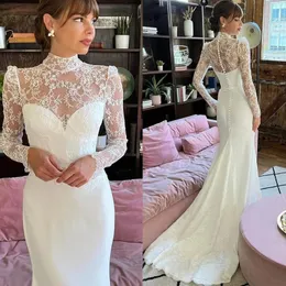 Abiti da sposa eleganti a sirena con collo alto in pizzo 2024 Illusion maniche lunghe Graceful Avorio Abiti da sposa in raso Corte dei treni Abiti da sposa