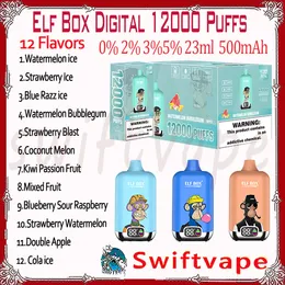 Elf Box Digital 12000 Puff Disponível E Cigarro 500 mAh Bateria recarregável 12 sabores 23ml 0% 2% 3% 5% RGB GLOW 12K Puffs Vapes Kit Starter Kit Authentic Wholesale
