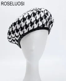 Roseluosi Autumn Winter Fashion Houndstooth basker hattar för kvinnor Black White Bonia Caps Female Gorras S181017083434336