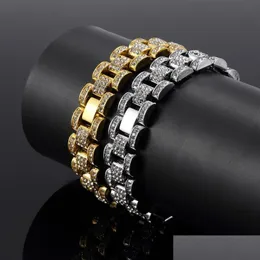 Bangle Bling 15mm 21cm Gold Sier Hip Hop Mens Strass Pulseira Cadeia Pulseira Tanque Para Meninos Rapper Rocker Punk Iced O211P Drop Dhzj9