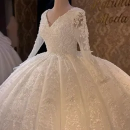 Stunningbride 2024 섹시한 반짝이는 V- 넥 레이스 업 볼 가운 웨딩 드레스 흰색 커스텀 세련된 아플리크 레이스 코트 트레인 공주 신부 가운