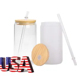 US Stock Local Warehouse 16oz Mugs Sublimation Glass Beer Can Shaped Cups Tumbler Drinking Beer With Bamboo Lid tt1206