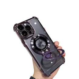 Роскошный магнитный чехол для телефона с металлическим покрытием MagSafe и чехлом-держателем для iPhone 15 11 12 13 14 Pro Max Plus с четырьмя углами, прозрачный чехол против падения
