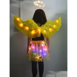 Decoración de fiesta Decoración de fiesta Adt Niños Disfraz de ángel luminoso Luz LED Ala de pluma Anillo de halo Corona Falda de mariposa Resplandor Cumpleaños DH4HI
