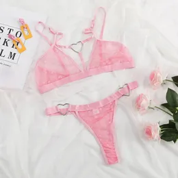 Sexy conjunto rosa lingerie para mulheres roupa interior sutiã de renda e conjuntos de festa feminino transparente lingeries forma do coração 231219