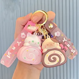 Bag Parts Accessories Cute Cat Egg Roll Key Chain Kawaii Kitty Cake Doll School Keyring Cartoon Pendant Keyfob for Couple Jewelry Gift 231219