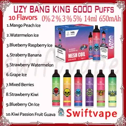 Original Uzy Bang King 6000 Puff Disposable E Cigarett 1100mAh Uppladdningsbart batteri 10 smaker 14 ml 0% 2% 3% 5% RGB Glow 6K Puffs Vapes Pen Starter Kit Authentisk grossist