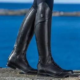 Joelho 249 Mulheres de cavalo alto para homens botas montando em couro pu de couro de bootcut de bootcut de largura e eixo largo figurina medieval sapatos 231219 552