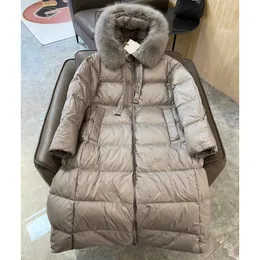 12.19 Fashion Fox Fur Collar Detachable Zipper Drawstring Hooded Keep Warm Mid-Calf Duck Down Coat Women