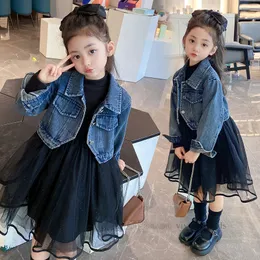 2024 Spring Big Girls Princess Clothes Set Old Kids Lapel Long Sleeve Denim Jacket Black Lace Tulle Dress 2st Teenagers Clothes Z6150