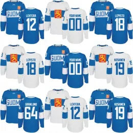 Camisa da equipe da Finlândia da Copa do Mundo de Hóquei de 2016 12 Jori Lehtera 18 Sami Lepisto 19 Mikko Koskinen 64 Mikael Granlund Camisas de Hóquei Personalizadas 45