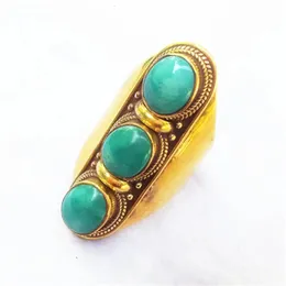 Anillos de banda Nepal Joyería vintage Incrustación de latón Turquesa natural Anillo de dedo dorado para dama R165 231218