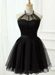 Urban Sexy Dresses, Vintage, kurzes Neckholder-Tüll, schwarzes Abschlussballkleid, A-Linie, knielang, Korsett-Rücken, Abschlussballkleid mit Schleife für Damen 231219