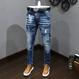 Jeans masculinos designer de moda homens retro estiramento azul fino ajuste pintado rasgado estilo coreano vintage casual denim calças hombre 231218