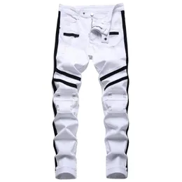 Men's Jeans Punk Men Zipper Hip Hop Slim Fit White Bike Elastic Split Denim Pants Cotton Fashion Casual Jogging Male Clothing 231218