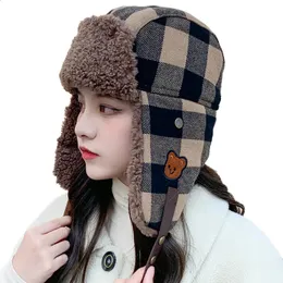 Trapper Hats Pilot Winter Hat Outdoor Ski Russian For Womens Ushanka Warm Cap Plaid Bomber Men Cashmere Design Earfap 231219