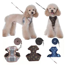 Dog Collars Leashes 디자이너 하네스 및 세트 클래식 패턴 애완 동물을 가죽 끈 작은 개를위한 통기성 메쉬 애완 동물 하네스 Poodle Schnauzer Otefs