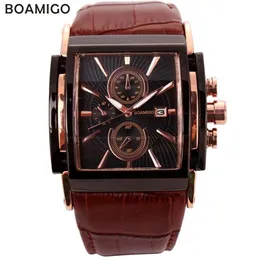 BOAMIGO мужские кварцевые часы с большим циферблатом, модные повседневные спортивные часы, розовое золото, циферблаты, коричневые кожаные мужские наручные часы 2103084